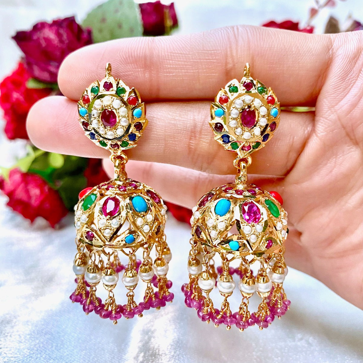 navratna jhumka gold plated on silver