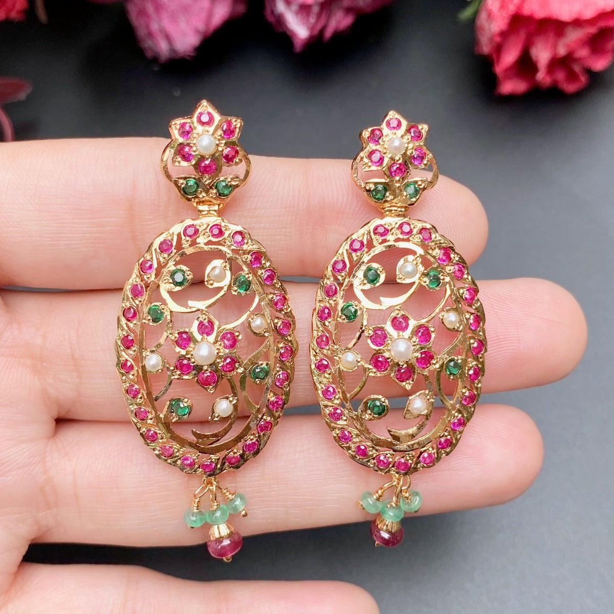 edwardian earrings with ruby emerald and seed pearls