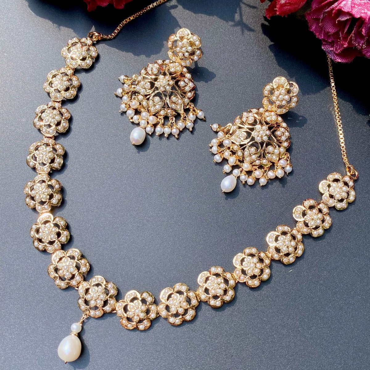 gold plated pearl necklace set