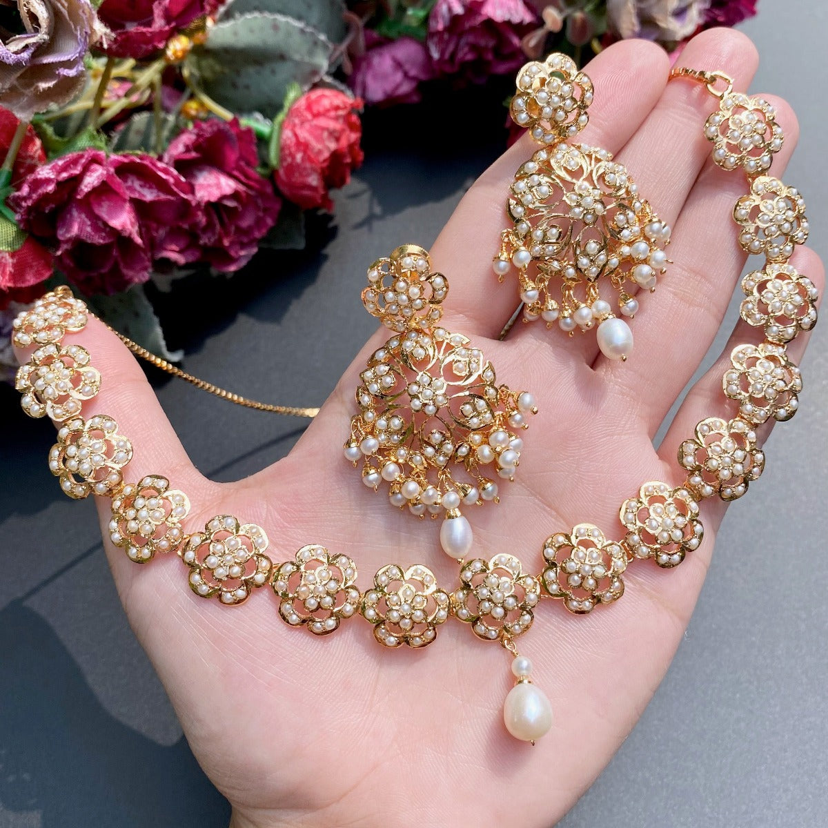 gold plated pearl set Bollywood