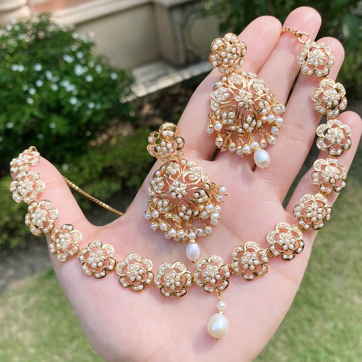 pakistani pearl necklace set with gold plating
