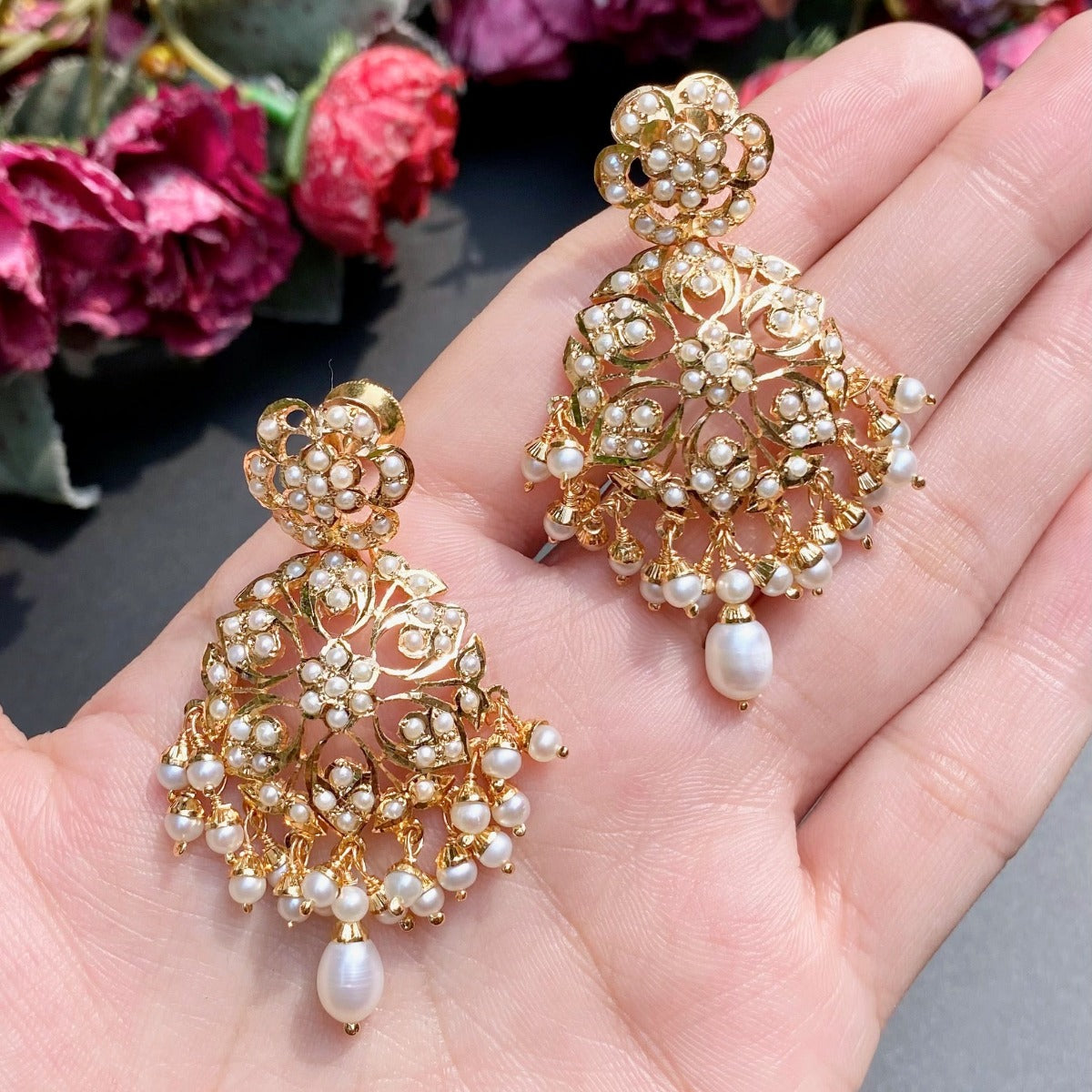 real pearl Indian earrings with gold plating