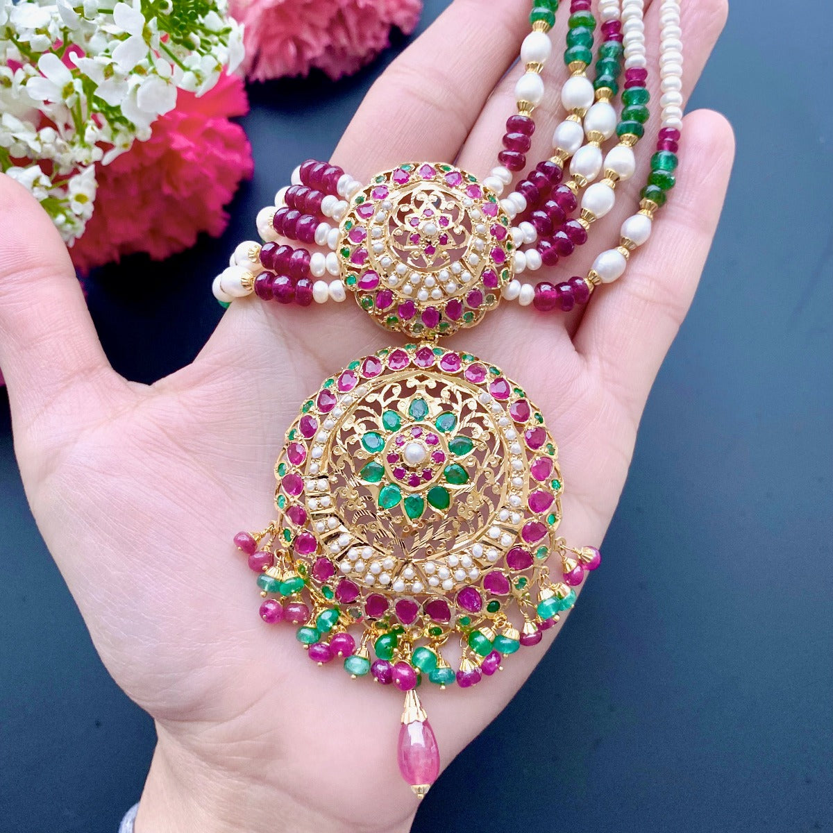 Short Rani Haar |22k Gold Necklace Set | Precious Pearls & Gemstones
