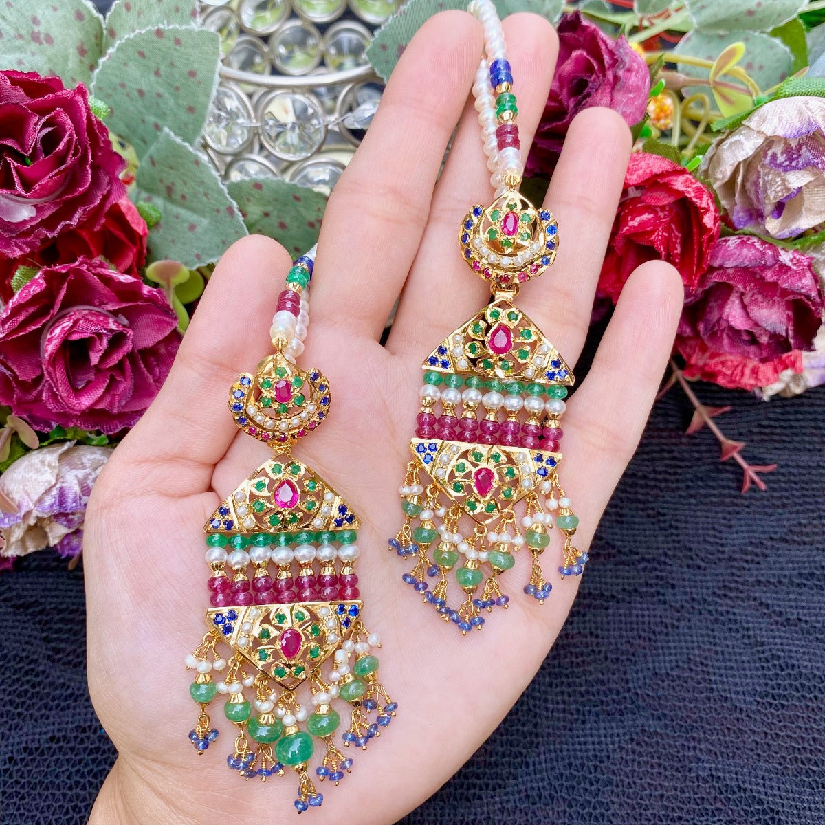 Multicolored Jadau Jhoomer Earrings in Gold Plated Silver ER 239A