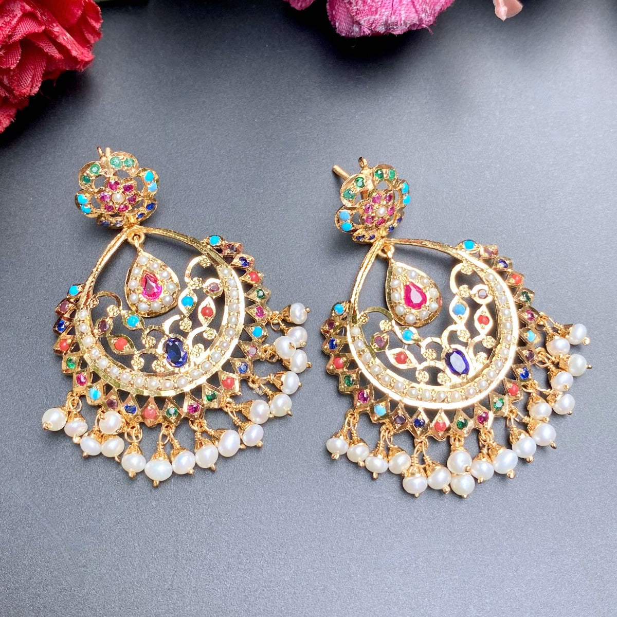 Navaratna Chandbali Earrings for Women | Buy Jadau Earrings Online ER 216E