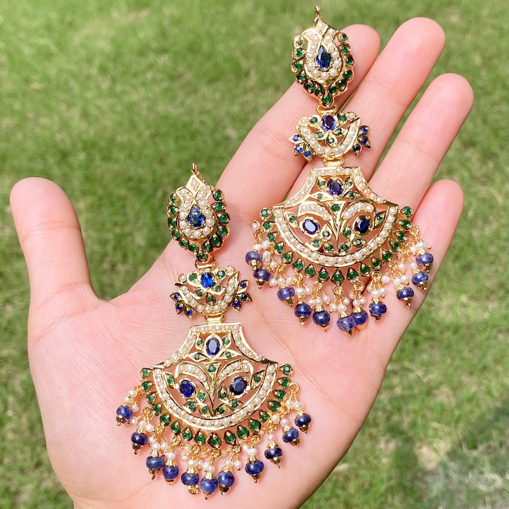 chandelier earrings with blue sapphire pearls and emeralds
