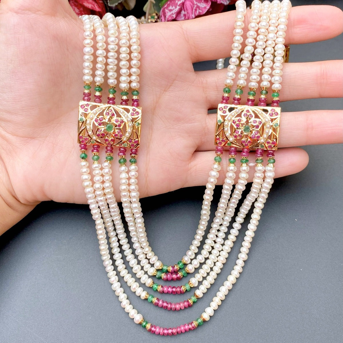 rani haar in gold with pearls ruby emerald