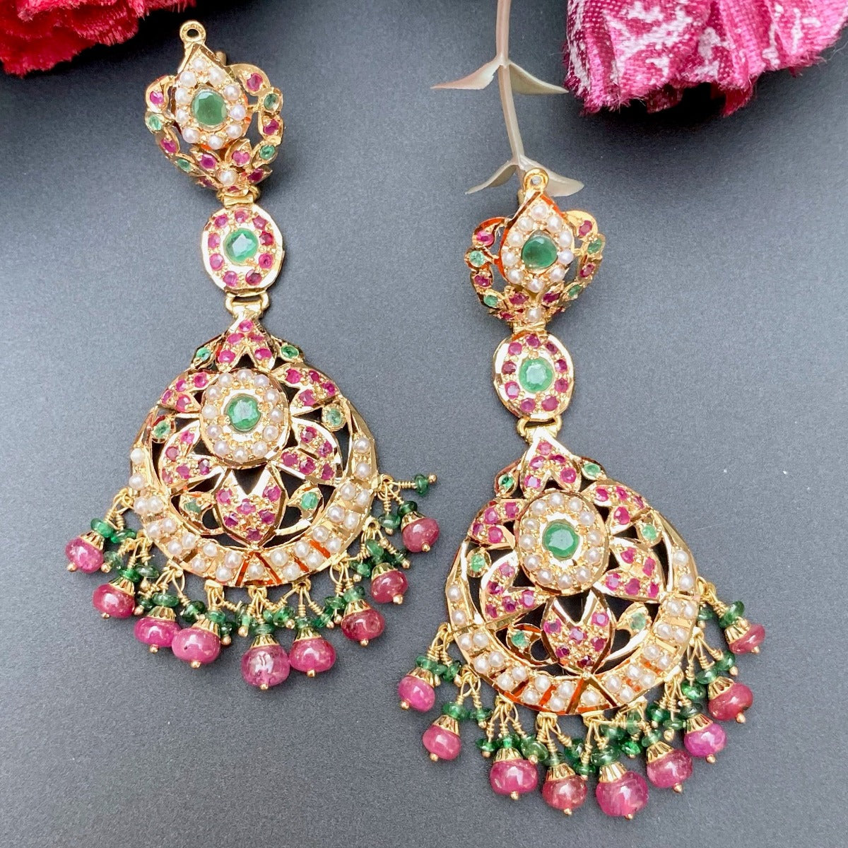 long gold earrings made kundan