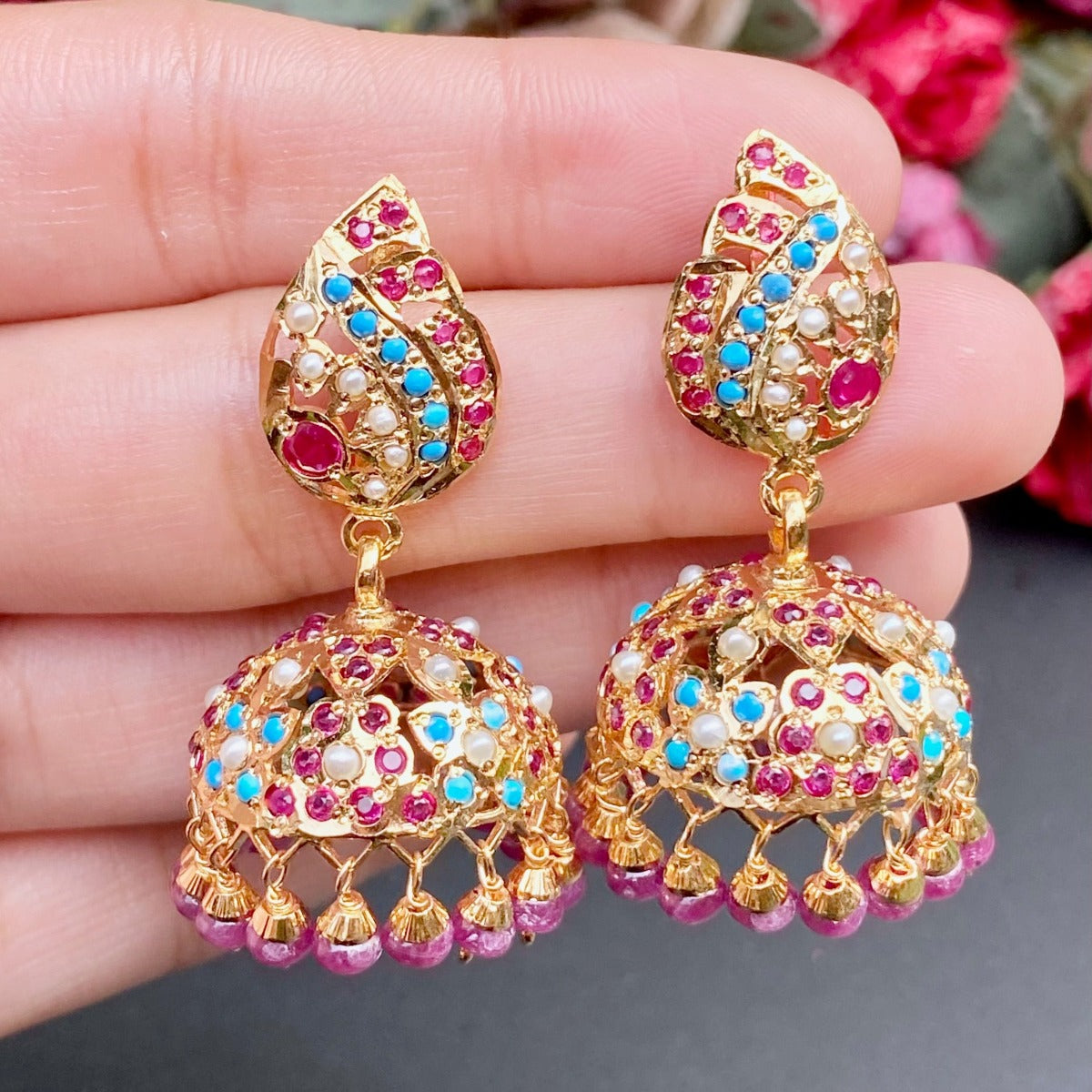 gold plated jadau jhumka