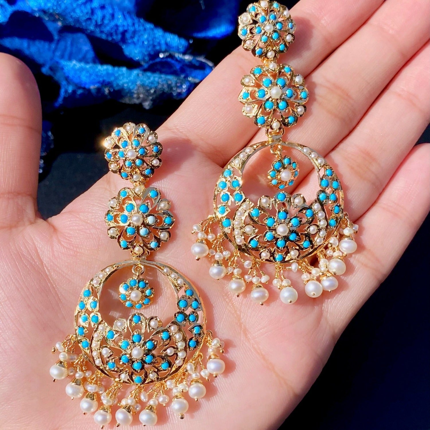 turquoise and pearl danglers earrings