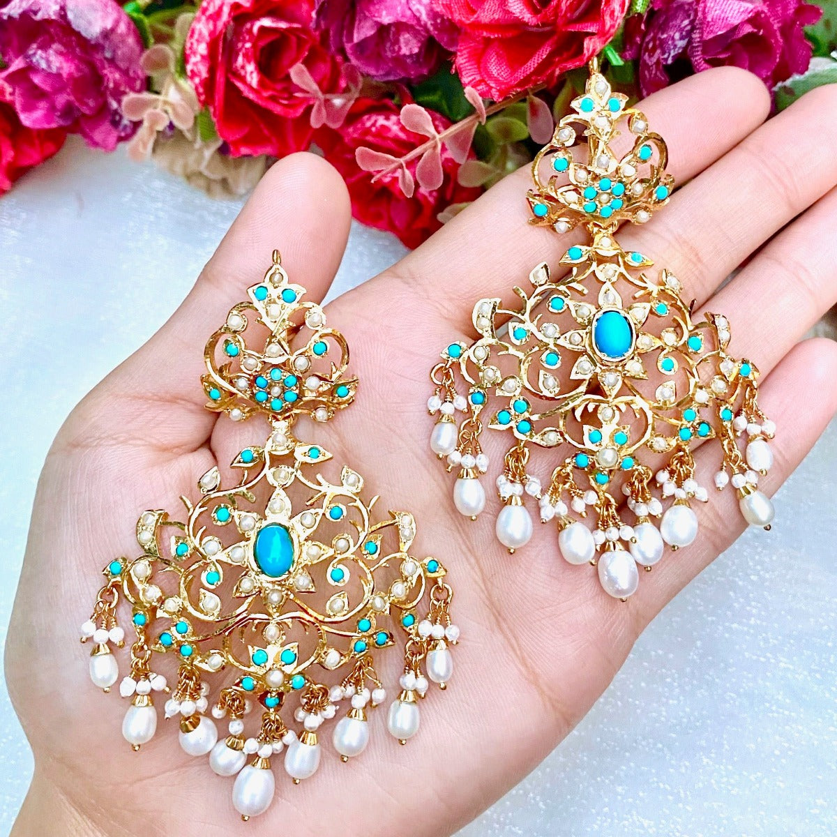 beautiful Hyderabadi pearl and feroza earrings made in sterling silver