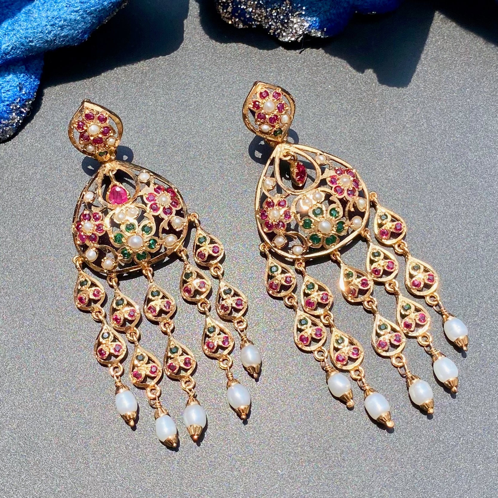 Long Jadau Danglers on Silver Base | Gold Plated ER 554