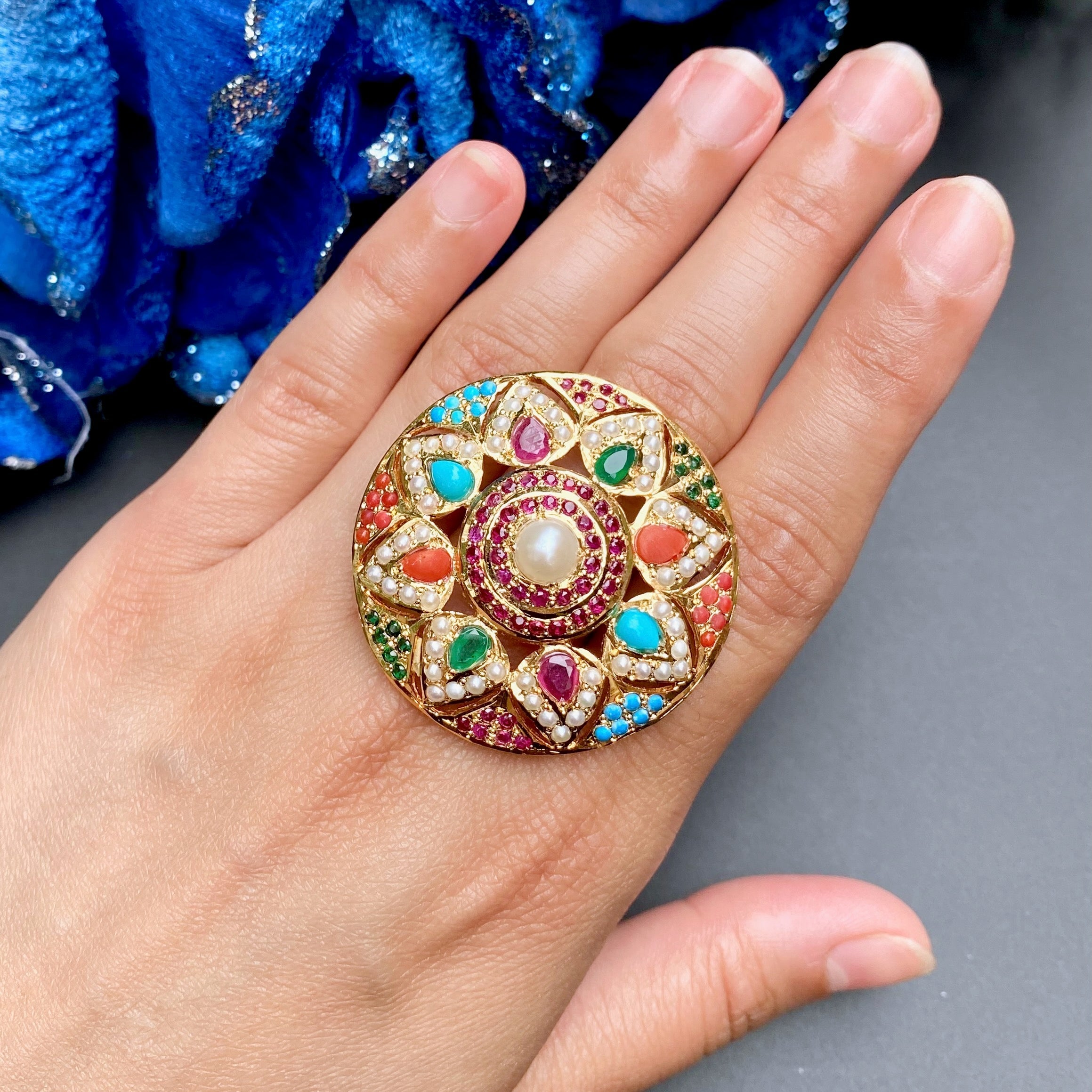 Buy Navaratna Jewelry Online | Premium Cocktail Ring on Silver with Gold Plating LR 010