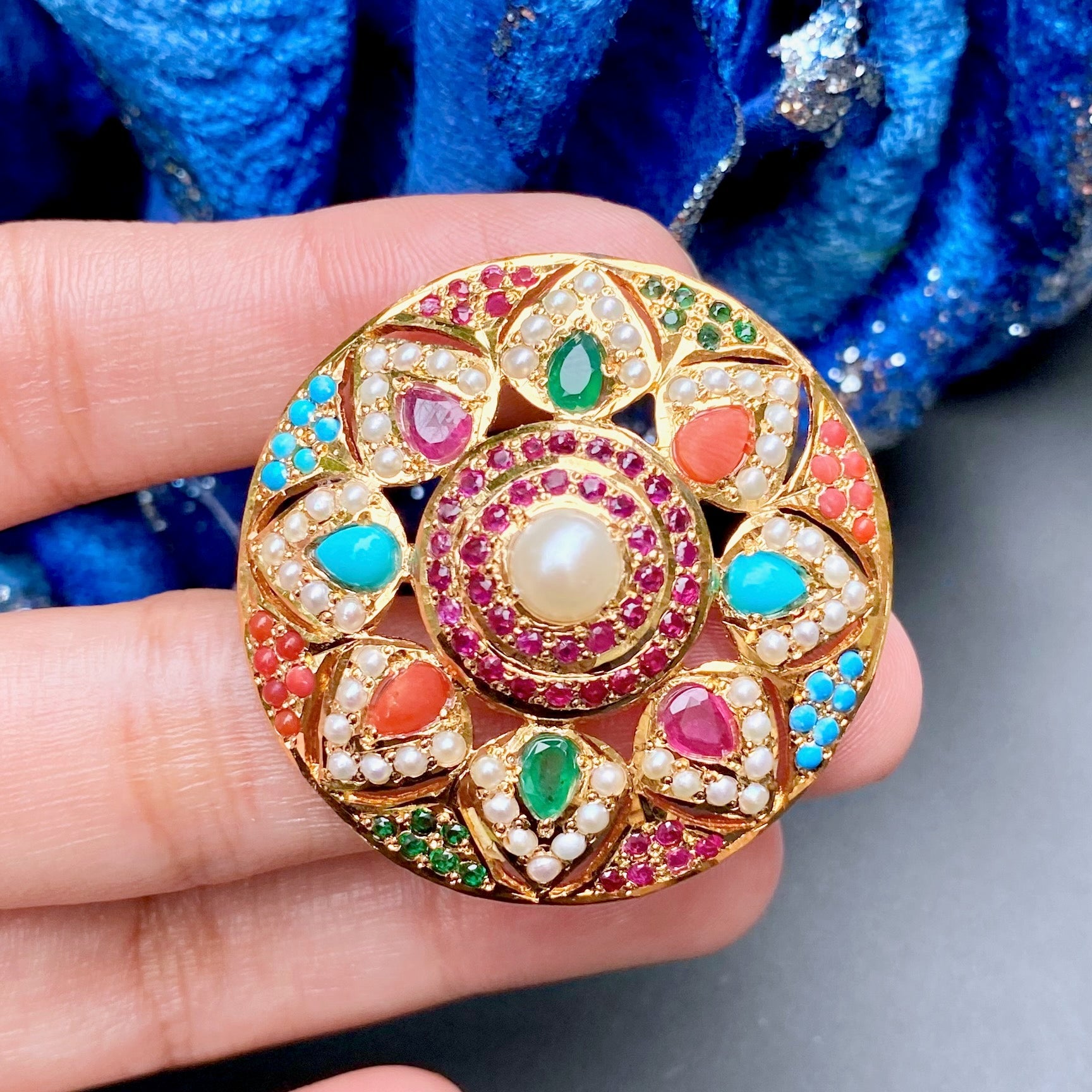 Buy Navaratna Jewelry Online | Premium Cocktail Ring on Silver with Gold Plating LR 010