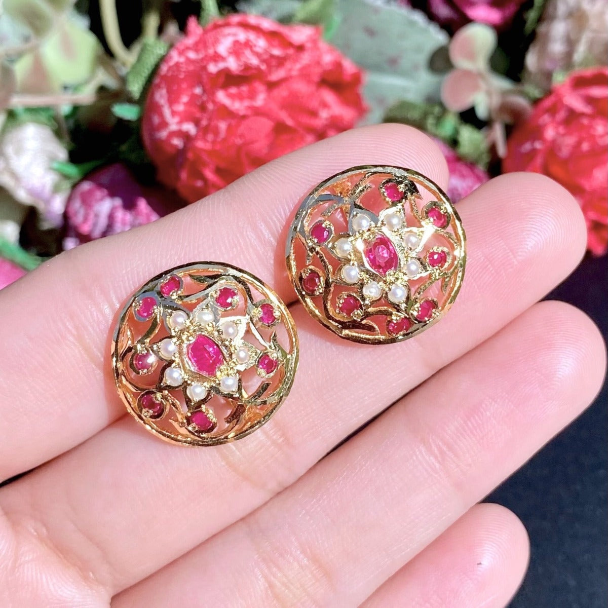 gold plated ruby pearl studs