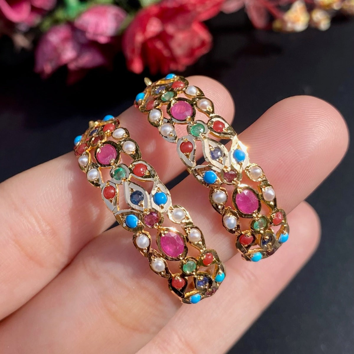 dainty navratna hoop earrings in 22k gold