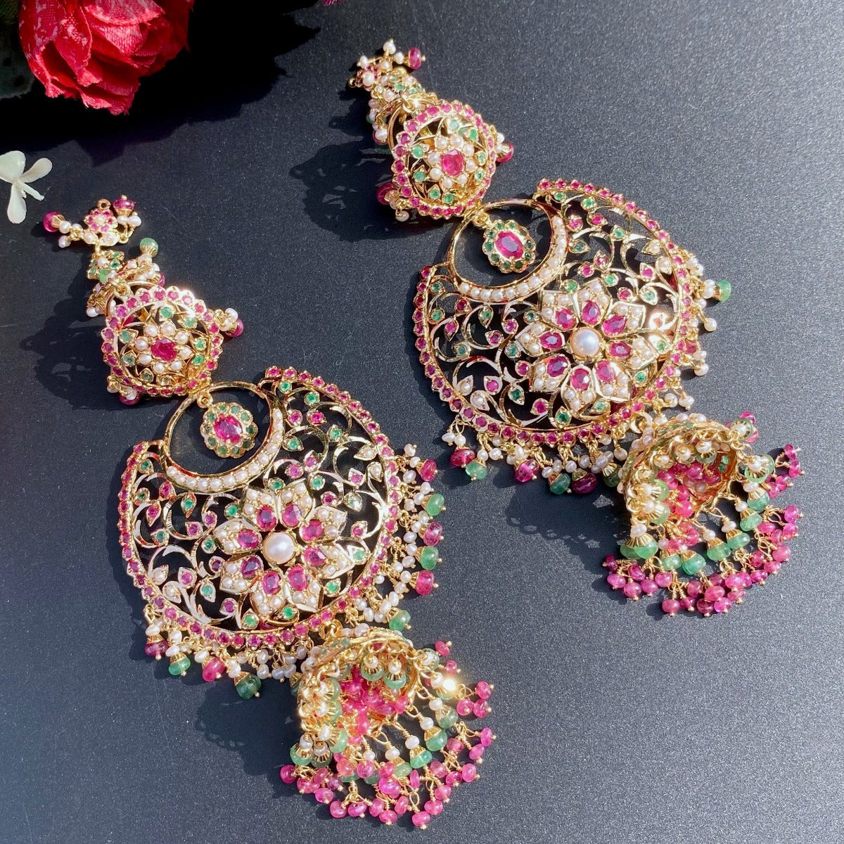 statement  pakistani chandbali jhumka earrings in 22k gold