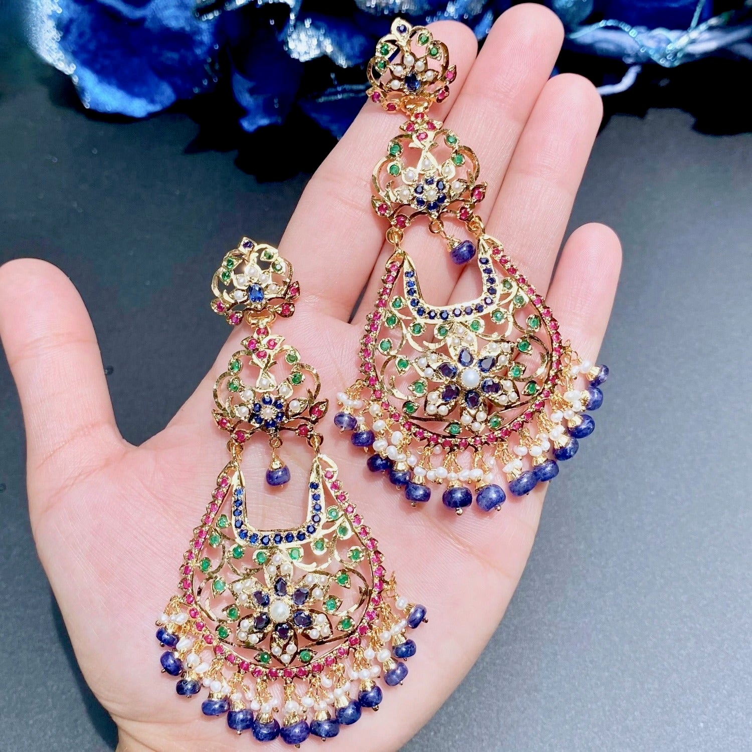 Statement Chandelier Earrings | Multicolored Jadau Jewelry ER 450E