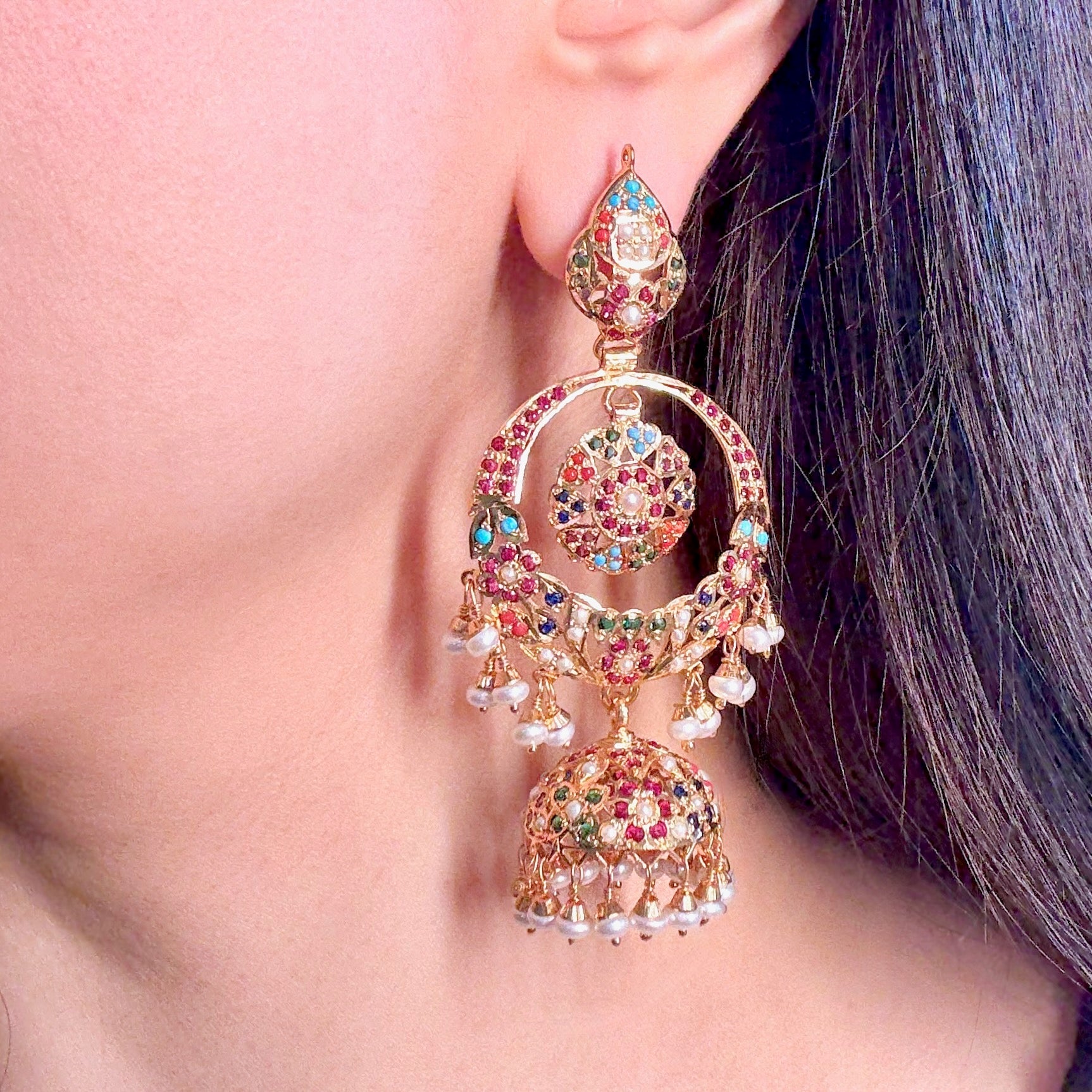 Navratna Jadau Chandbali With Jhumka | Gold Plated on Silver | ER 600