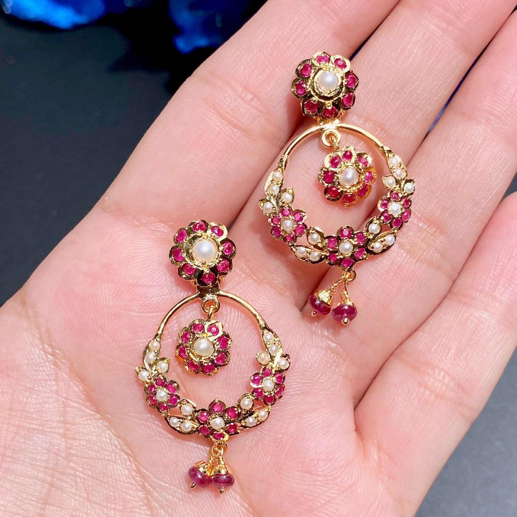 Floral Ruby Necklace Set | Delicate Necklace & Chandbali Earrings NS 444