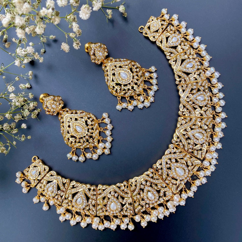 real pearls Hyderabadi necklace set in gold plated silver