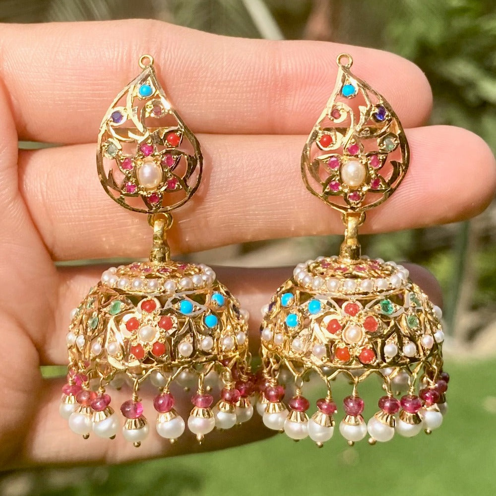 real gold navratna jhumka earrings