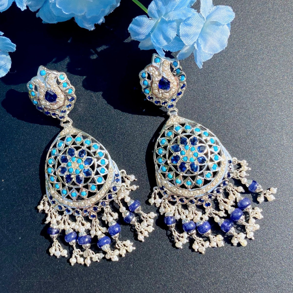 boho Silver earrings with pearl feroza and blue sapphires