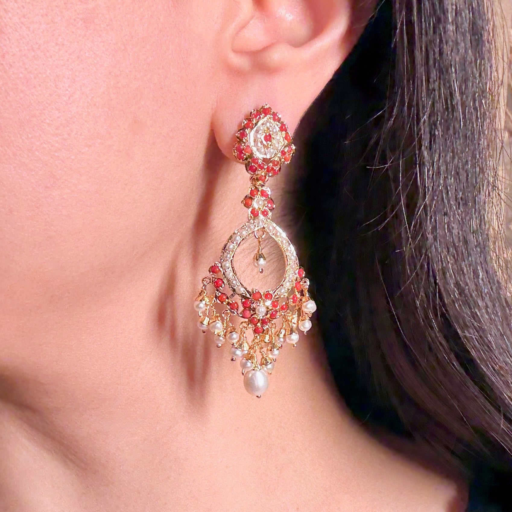 Coral Earrings | Gold Plated on Silver | Moonga & Pearl Danglers ER 607