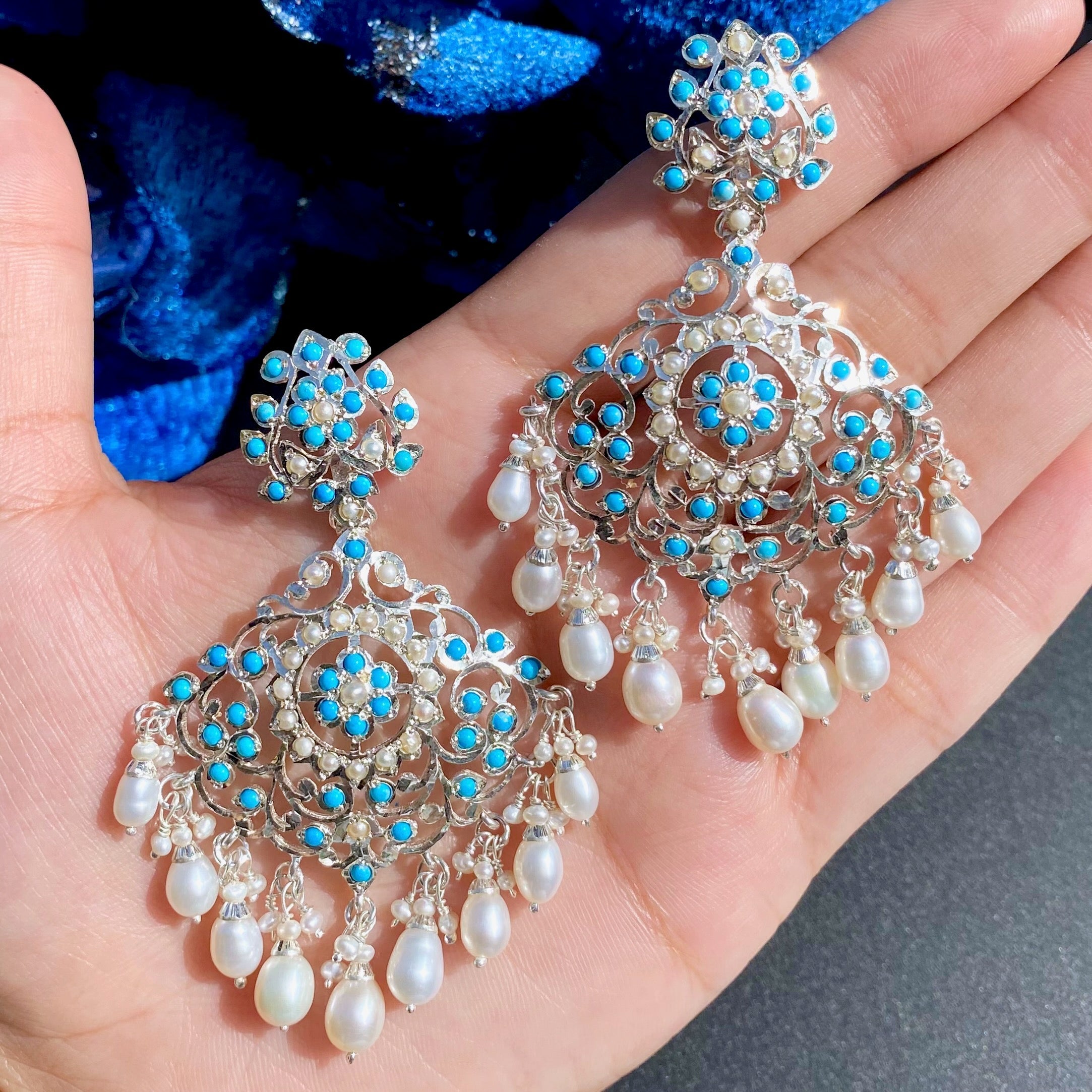 Edwardian Earrings | Pearls & Turquoise Studded | 925 Sterling Silver