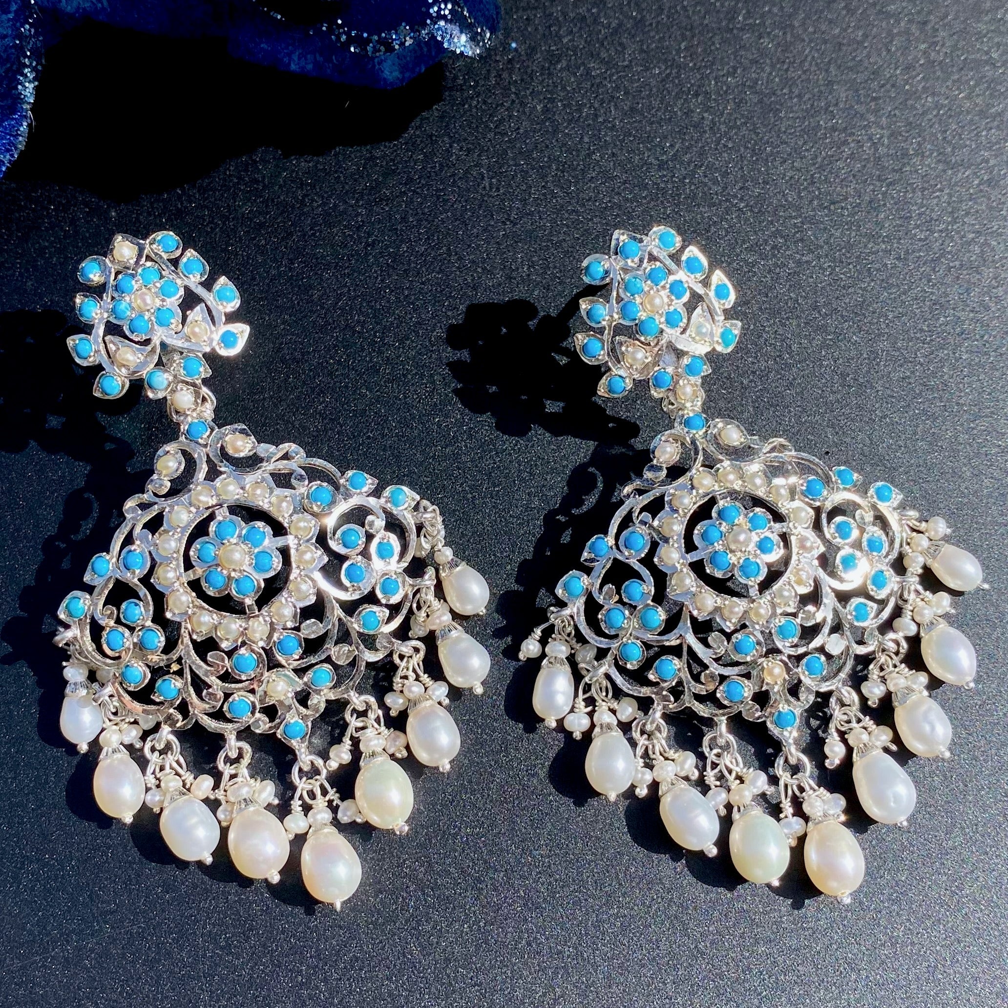 Edwardian Earrings | Pearls & Turquoise Studded | 925 Sterling Silver