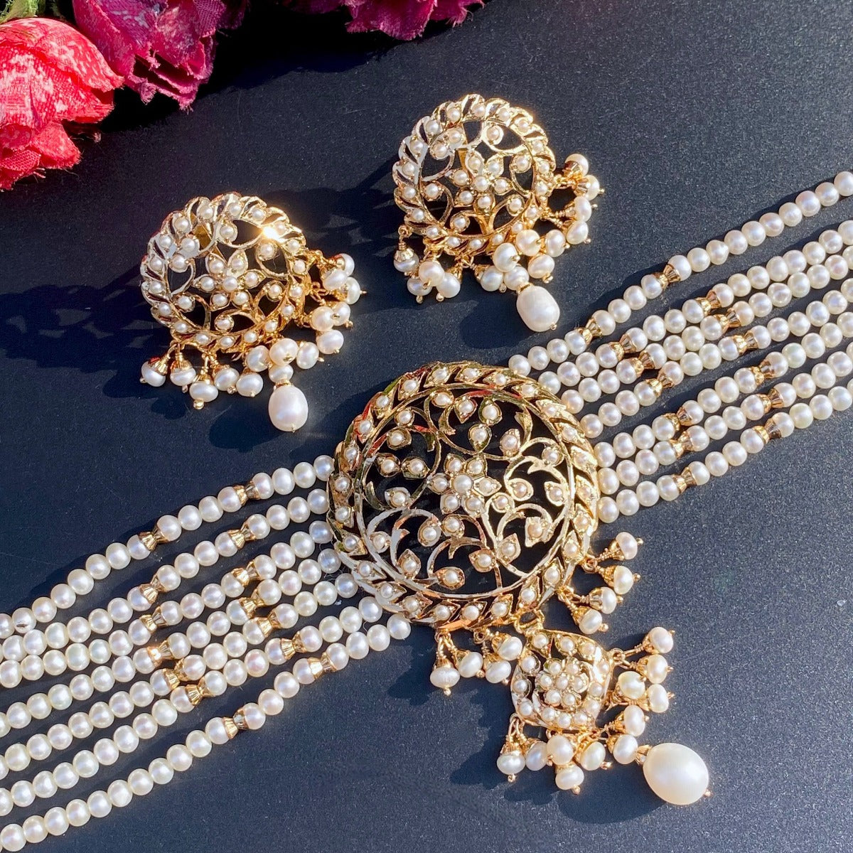 Edwardian Victorian Styled Pearl Necklace Set | Gold Plated | Indian Touch
