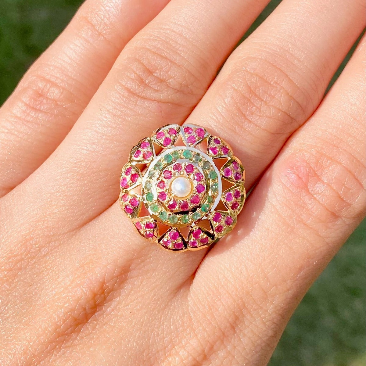 precious ruby emerald pearl studded gold ring