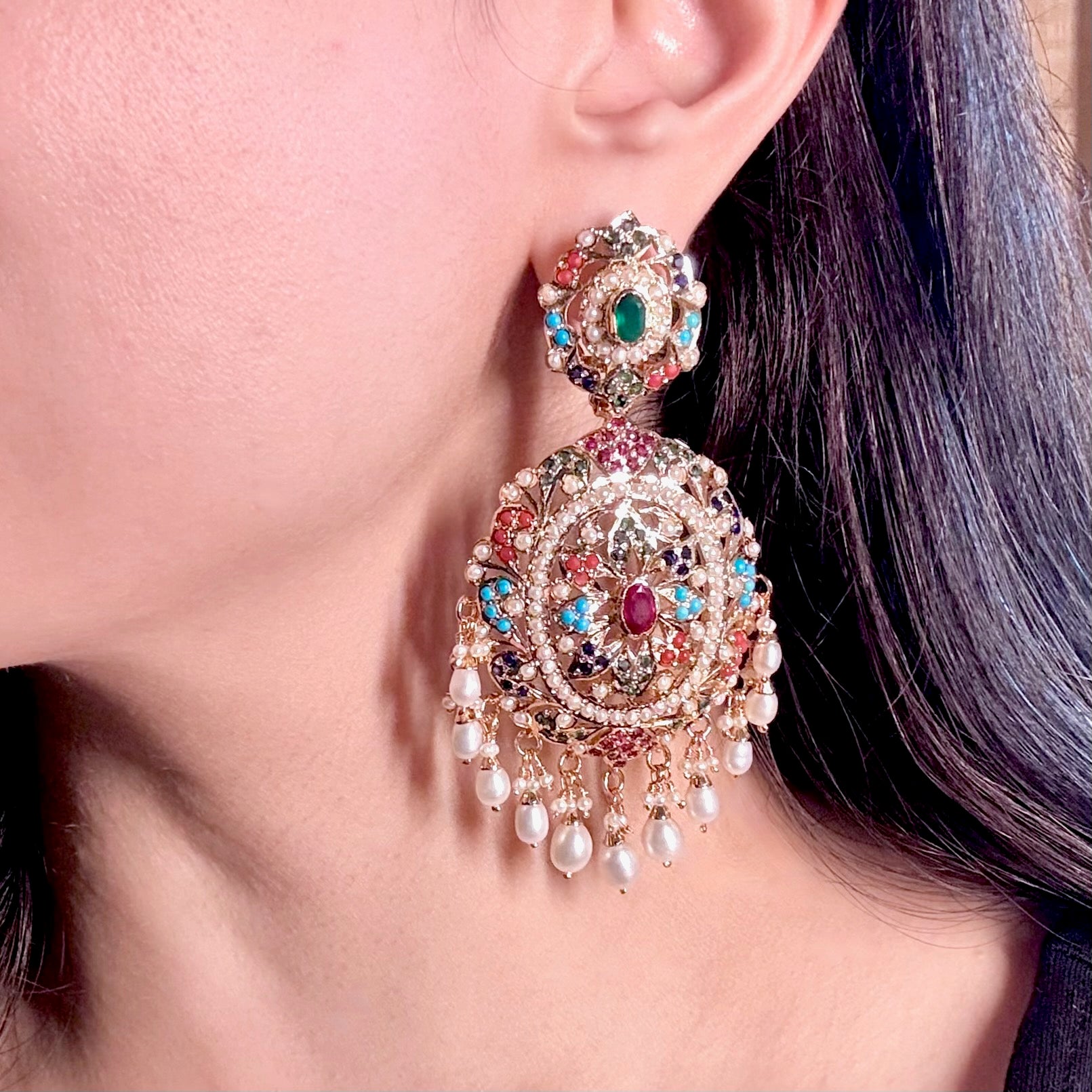 Navrattan Jadau Earrings in Gold Plated Silver ER 032