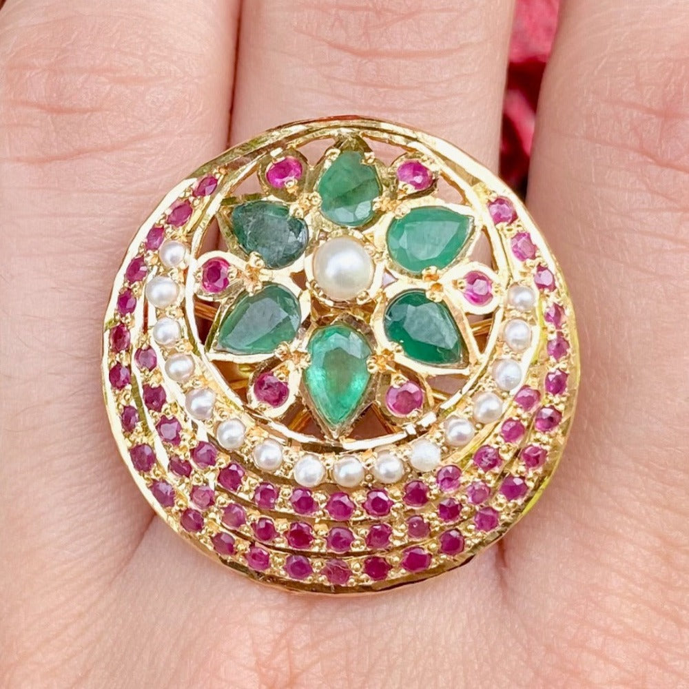 Multicoloured Jadau Ring in 916 Gold GLR 066