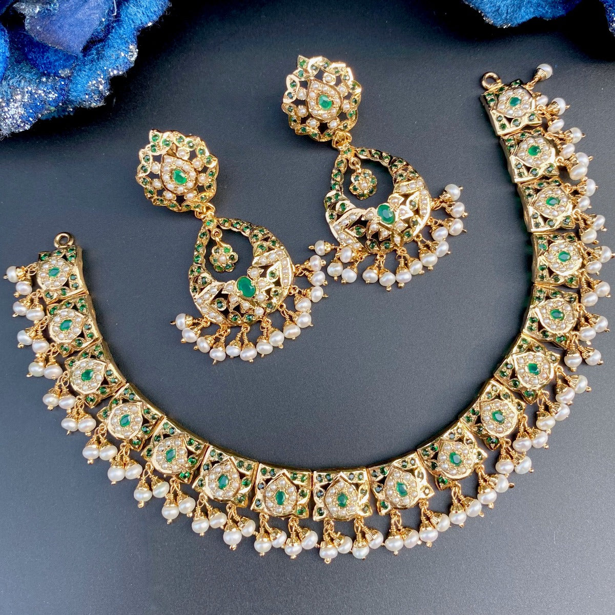 silver indian jadau necklace set emeralds