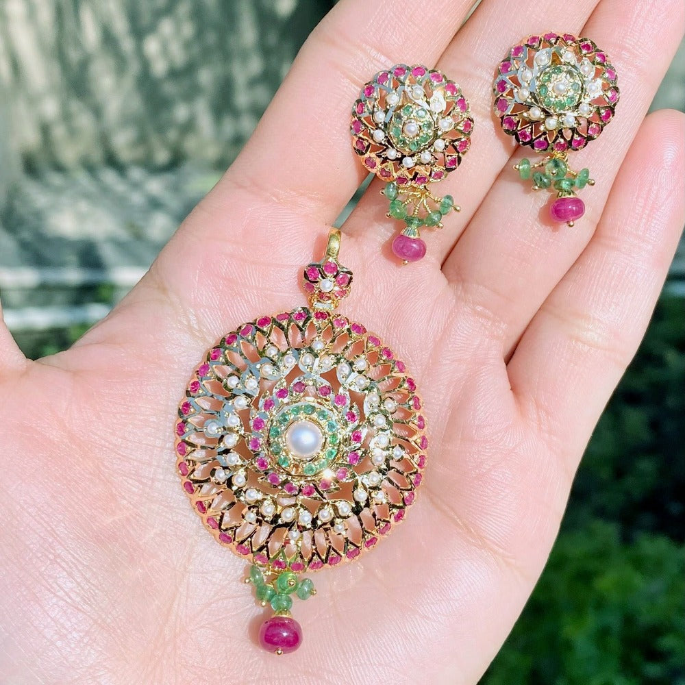 rajasthani gold pendant set studded with colorstones