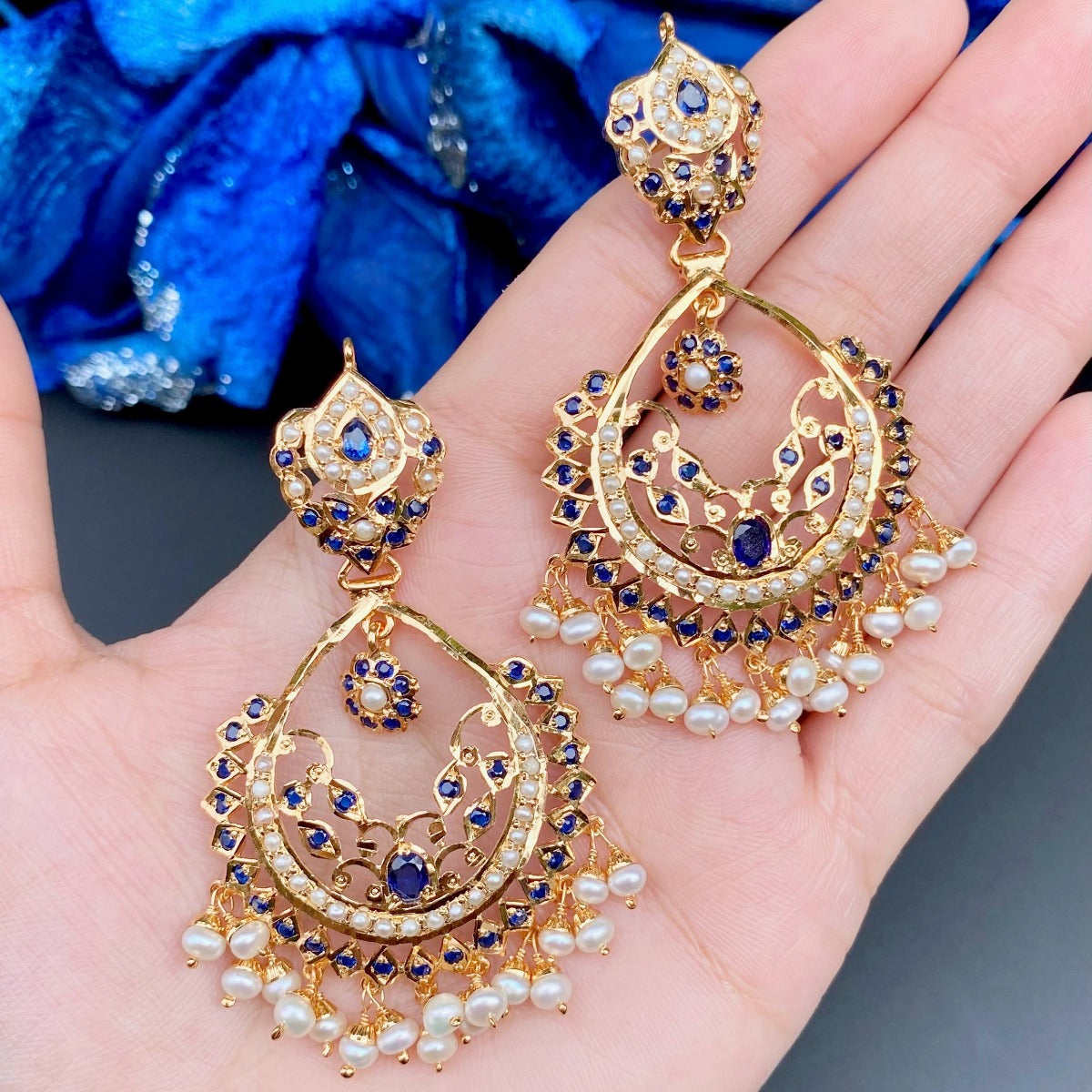 pakistani jadau chandbali in gold plated