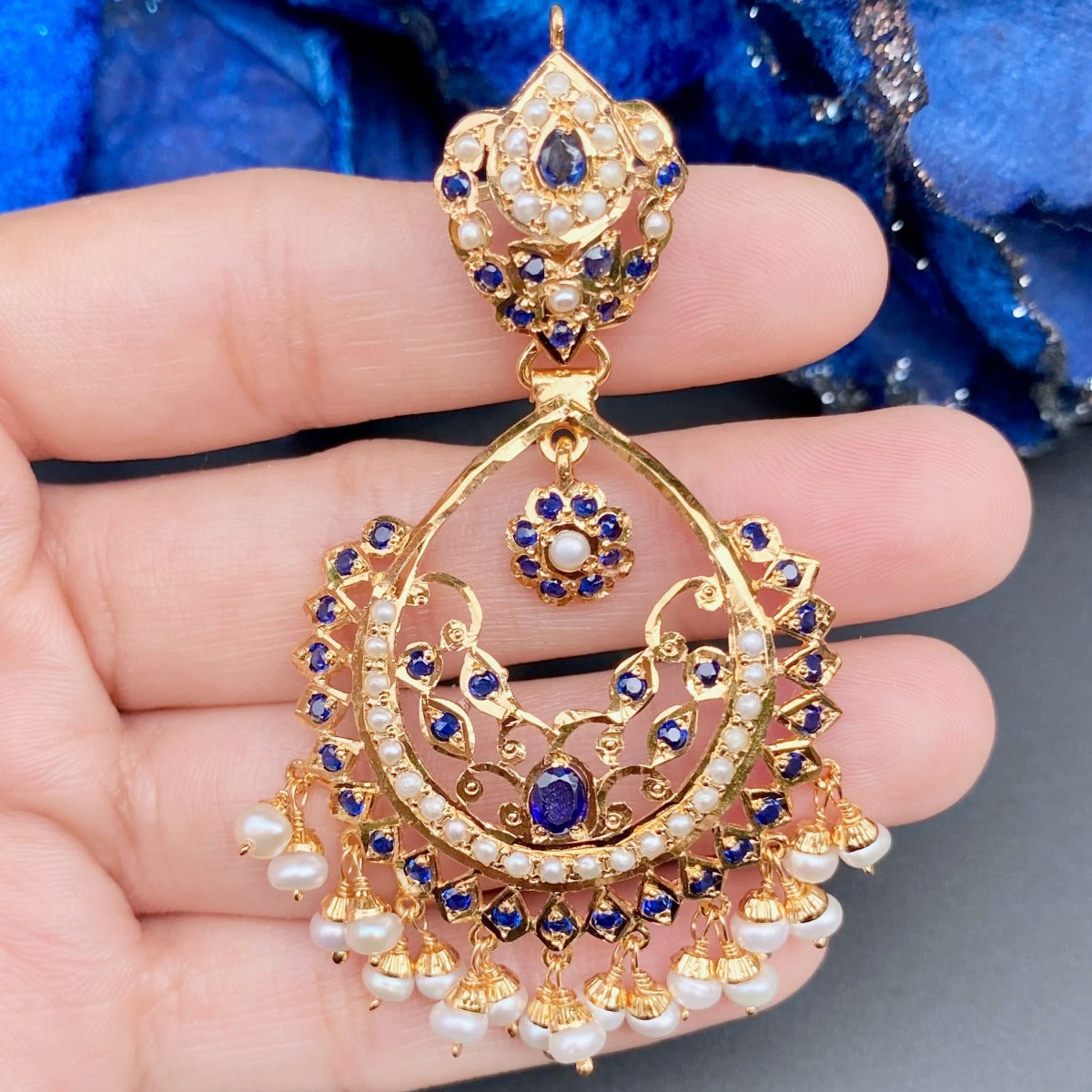 deep blue color chandbali earrings