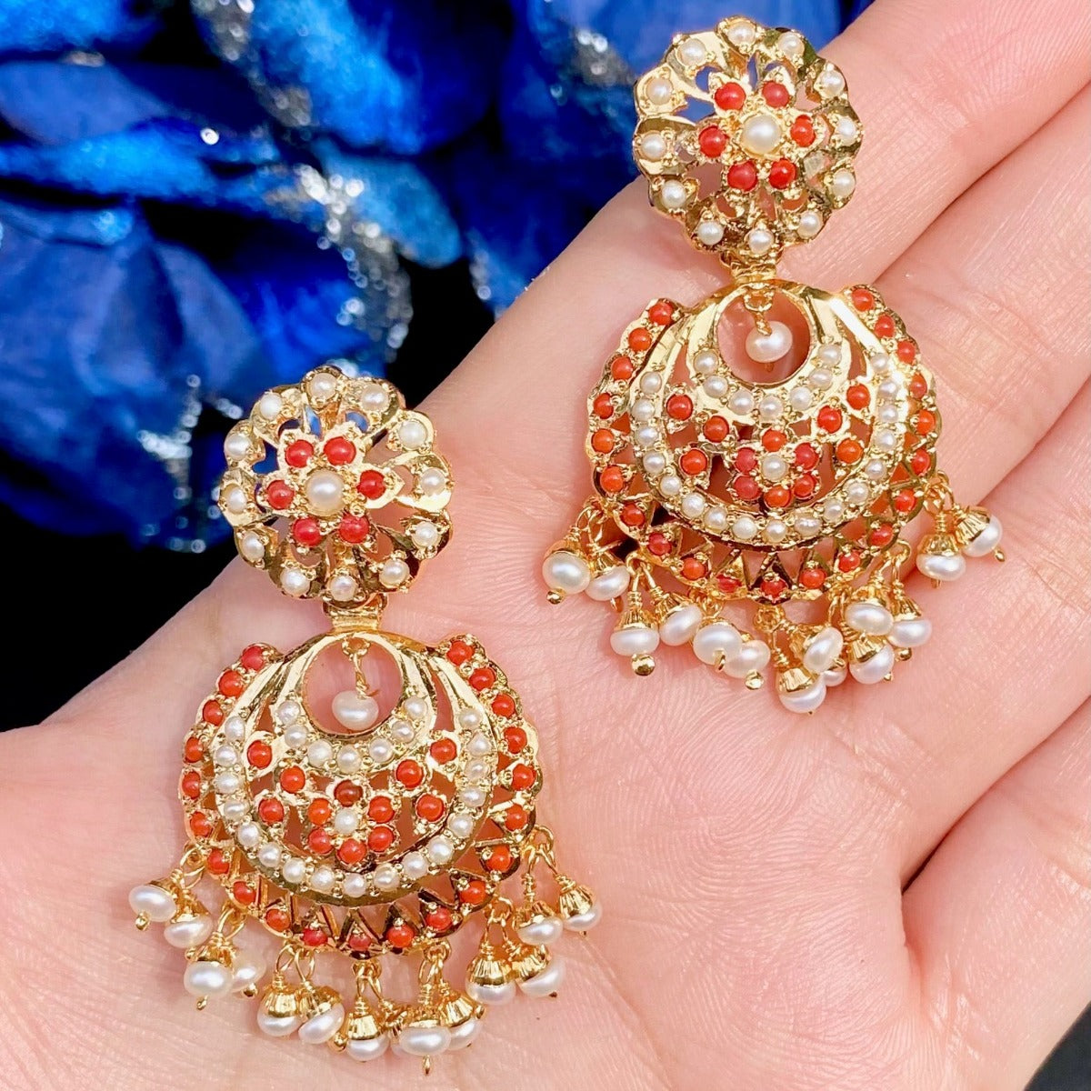 coral earrings chandbali design