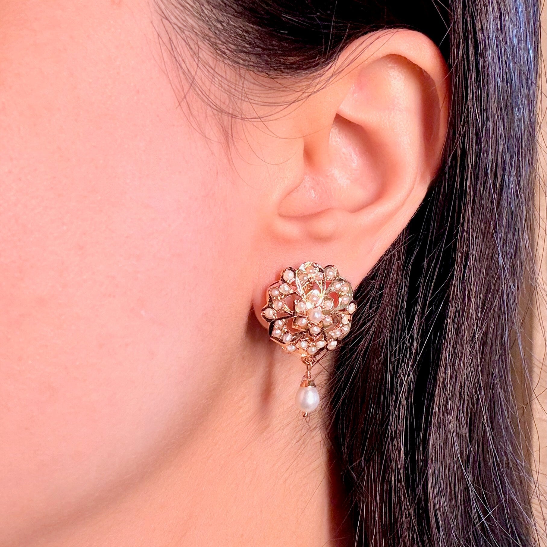 Floral Jadau Stud Earrings | Freshwater Pearls & 925 Silver ER 622