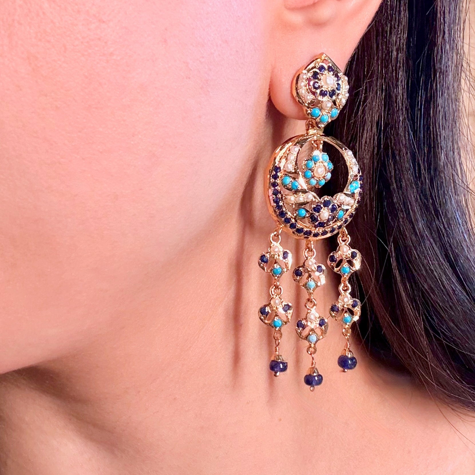 Blue Chandbali Earrings | Long Jadau Earrings on Silver Base with Gold Plating ER 631