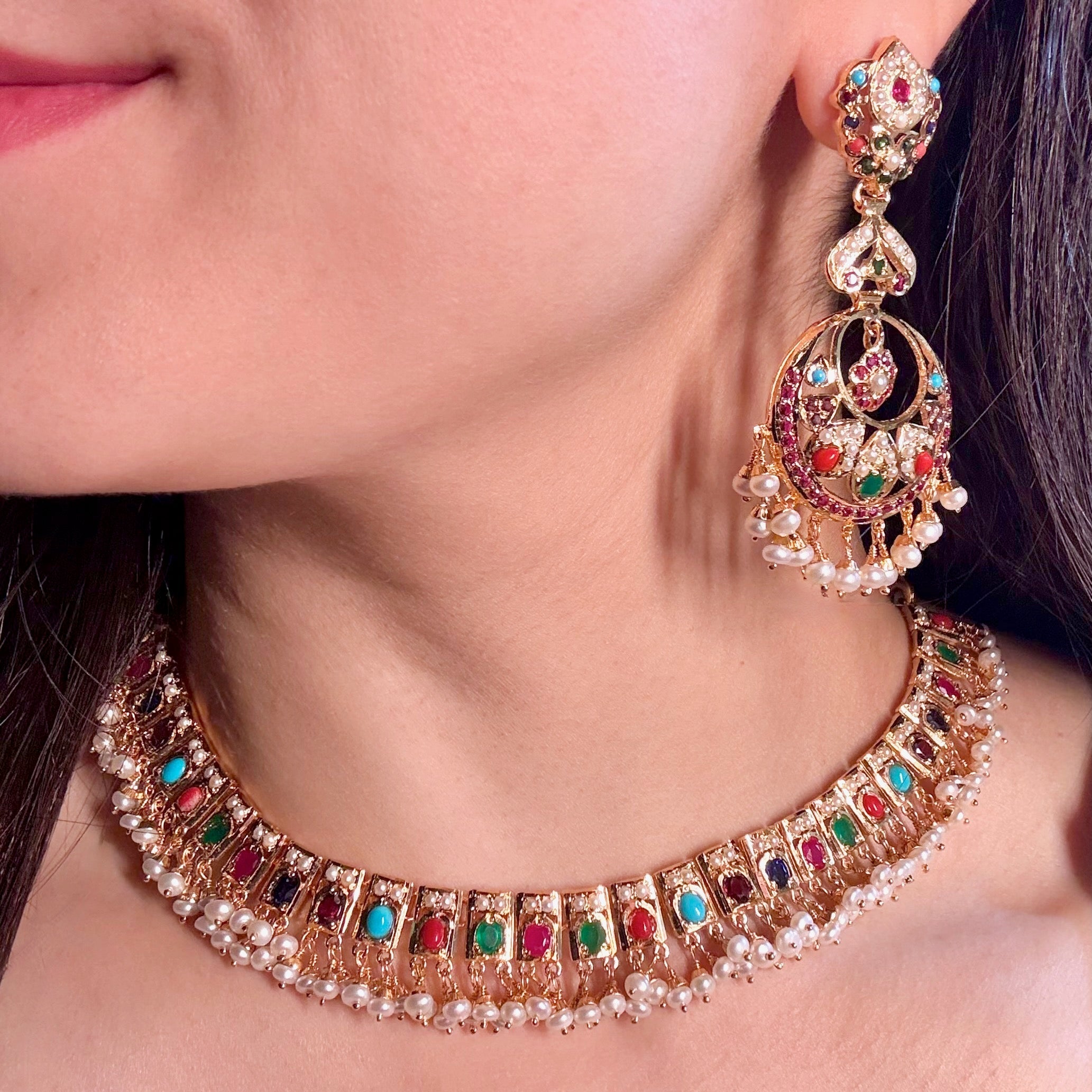 Classic Navratna Necklace with Long Chandbali Earrings | Gold Plated on Silver NS 422