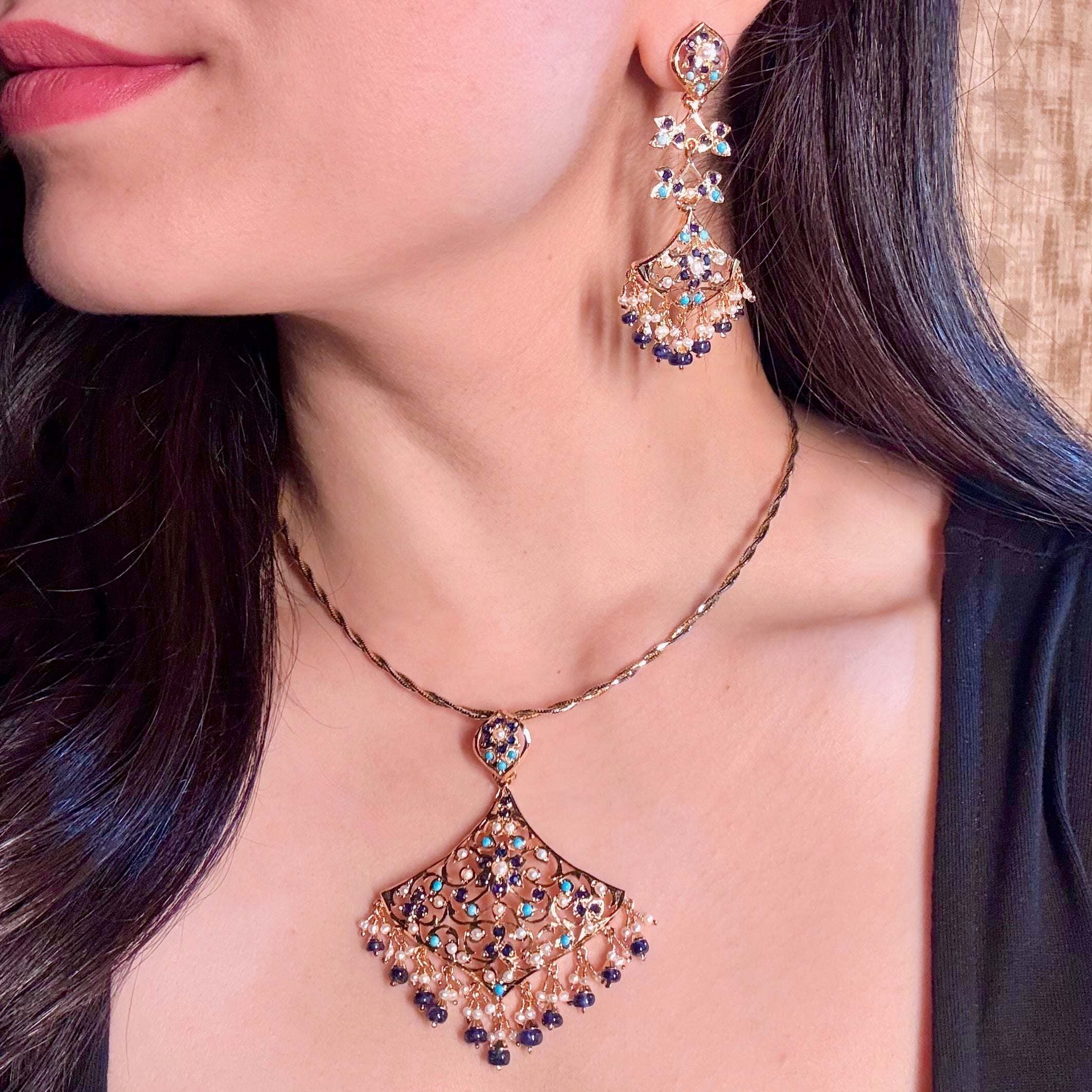 Indo Western Design Pendant Set | Premium Gold Plated Indian Silver Jewelry Online  PS 131