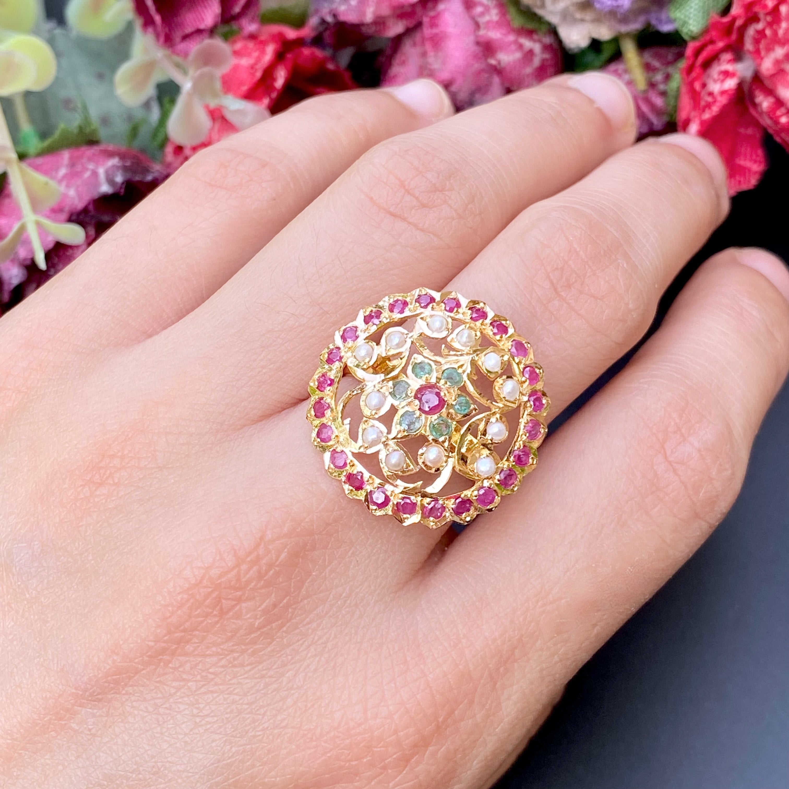 Beautiful Multiciloured Floral Ring in 22ct Gold GLR 070