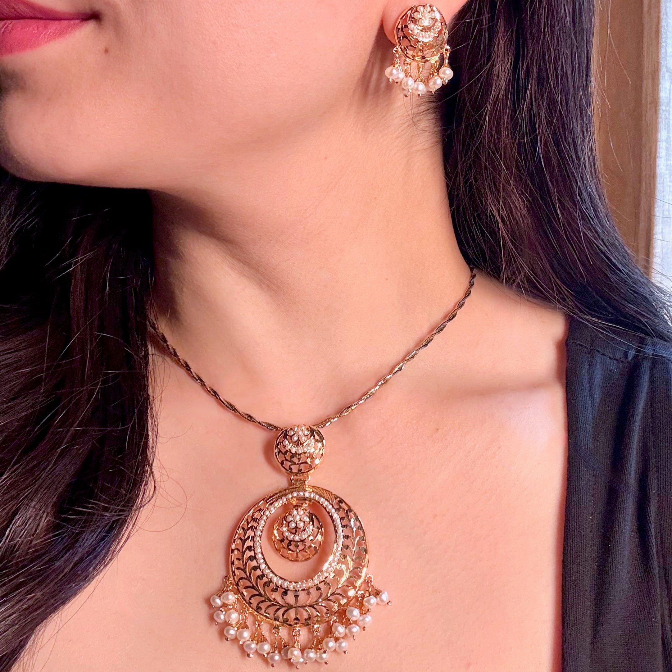 Chandbali Shaped Pendant & Earrings Set | Gold Plated Indian Jewelry on Silver PS 133