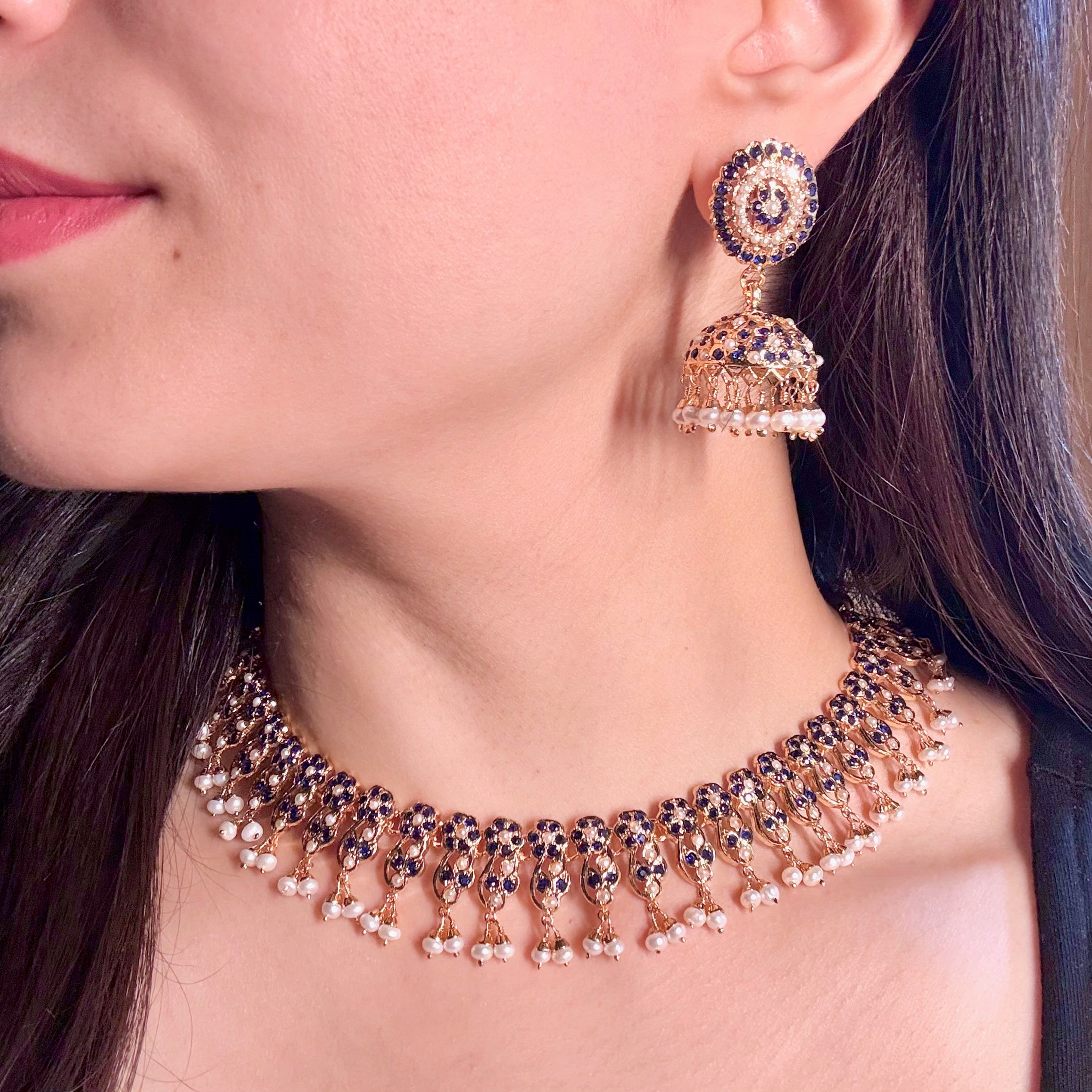 Classy Jadau Necklace Paired with Jhumkas | Gold Plated on Silver NS 437
