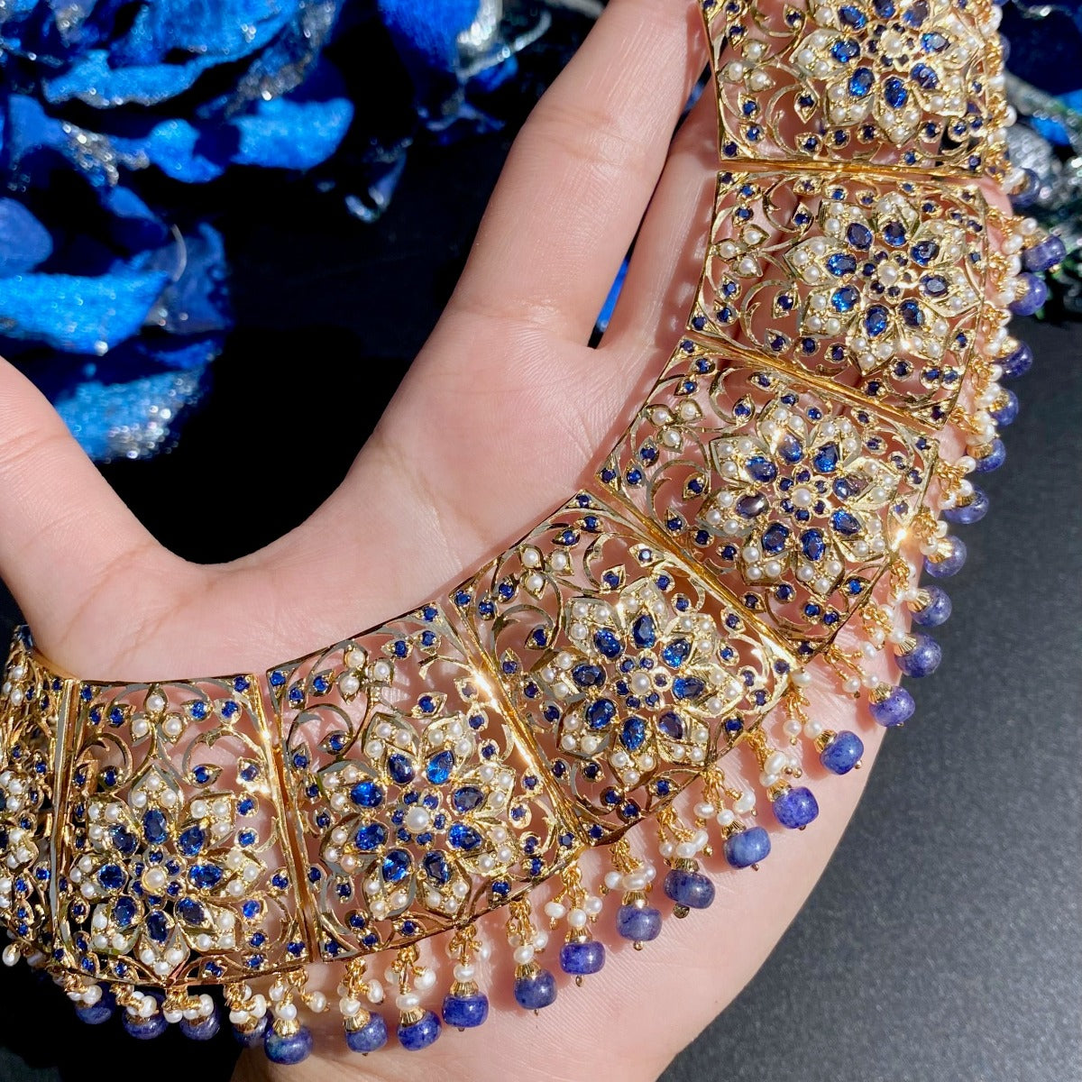 bridal Hyderabadi  necklace set with blue stones