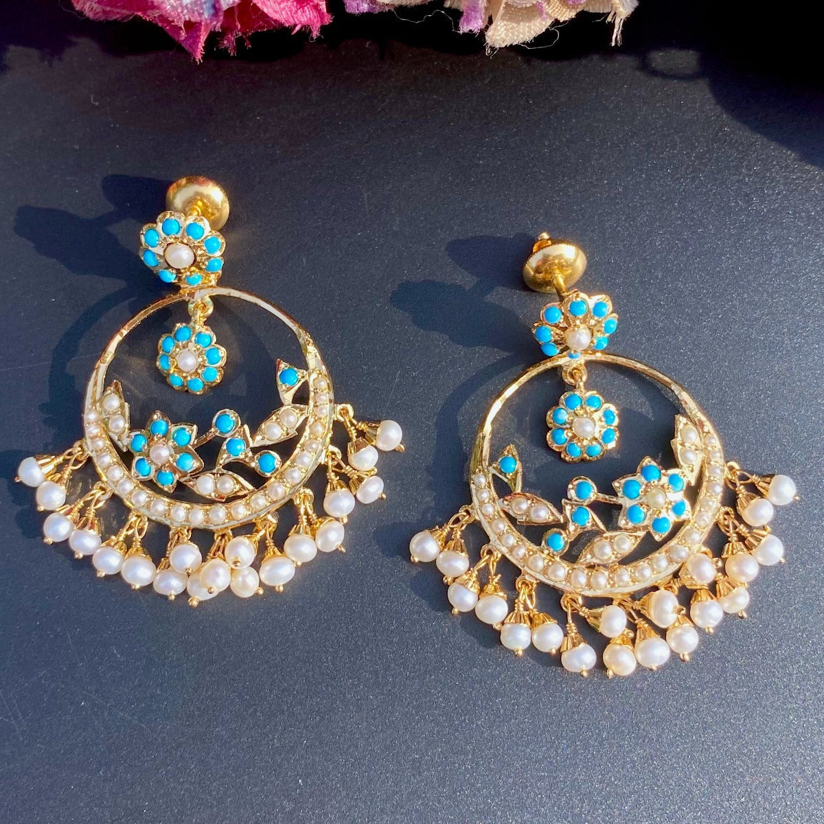 pearl ferozi chandbali earrings in silver