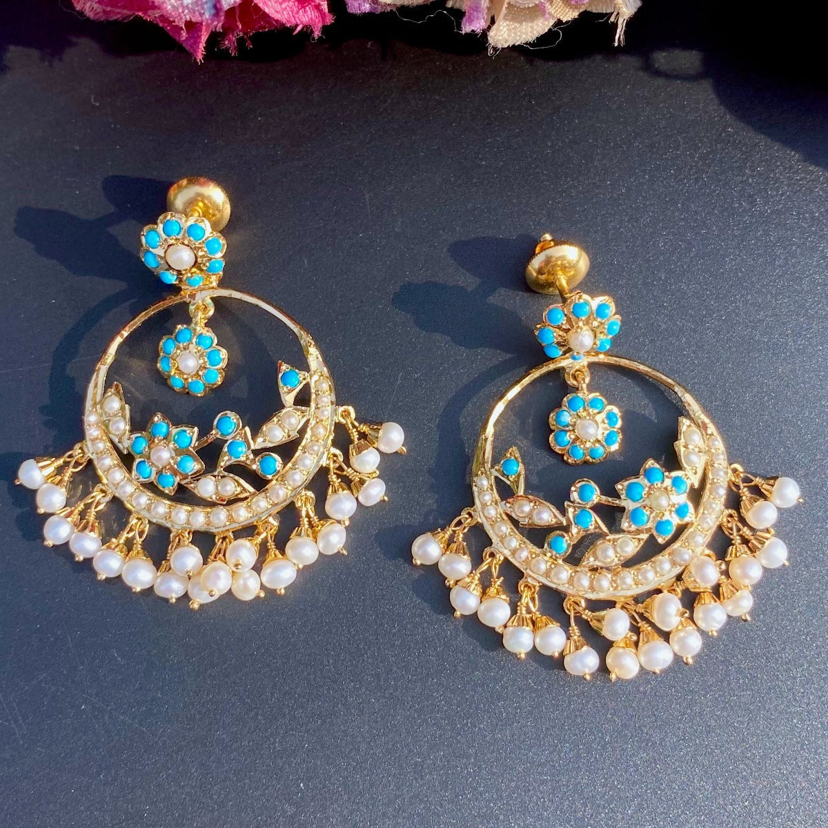 native Bollywood design pearl ferozi chandbali earrings in silver