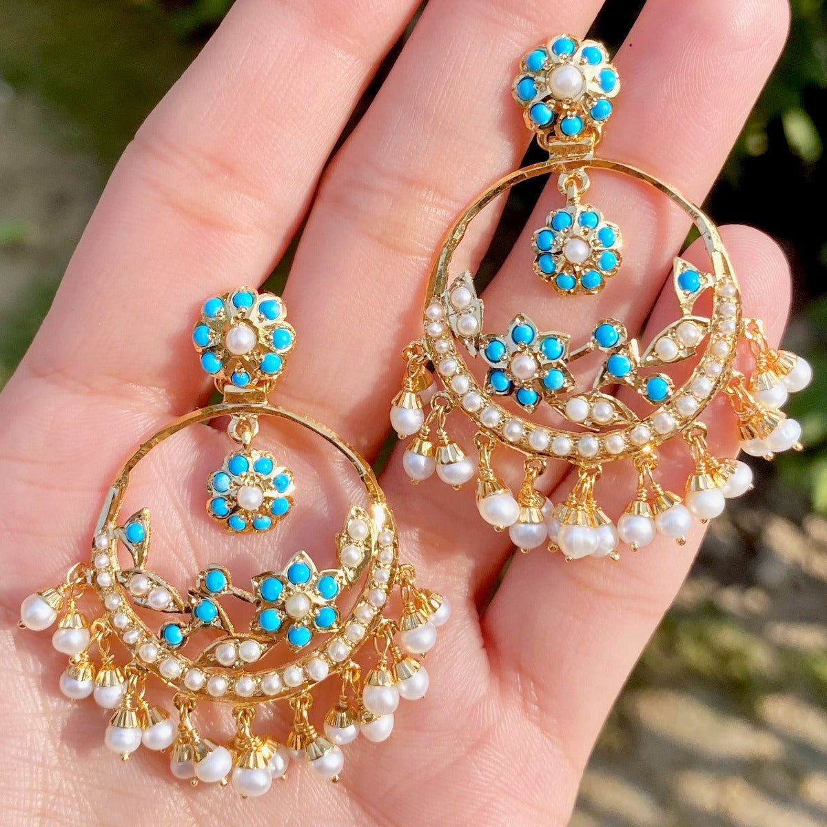 ethnic Punjabi Pearl & Ferozi Chandbali Earrings